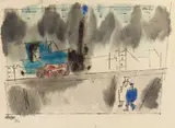 Untitled (Locomotive) by Lyonel Feininger, 1946, Watercolour over pen and ink and charcoal on chamois-coloured laid paper with watermark "Ingres 1862", sold Dec 2021