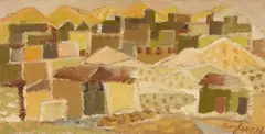 Eduard Bargheer, Stadt in der Wüste, 1962, Oil on canvas, mounted on card