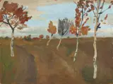 Paula Modersohn-Becker, Landschaft mit Birkenweg im Herbst, Circa 1900, Oil on artist's board