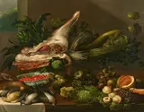 Still Life with Game board, Artichokes, Asparagus, Pumpkin, Watermelon, Grapes, Peaches and a Bowl filled with Raspberries on a Table by circle of Adriaen van Utrecht, Oil on canvas (relined), offered Nov 2021