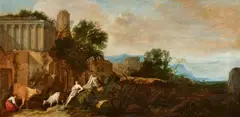 Moses van Uyttenbroeck, Landscape with Ancient Ruins and a Shepherd Couple, Oil on panel