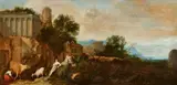 Moses van Uyttenbroeck, Landscape with Ancient Ruins and a Shepherd Couple, Oil on panel