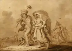 Adriaen van de Venne, Noot breekt wet - A Couple, Laden with Household Goods and Two Small Children, Travel Across Country, Followed by More Have-Nots, Oil on panel