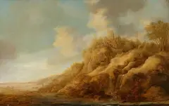Frans de Hulst, River Landscape with a Tall Rock Formation, Buildings and Trees, Oil on panel