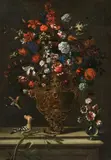 called Mario dei Fiori Mario Nuzzi, Eine Metallvase und eine Glasvase mit Blumen, ein Stieglitz und ein Wiedehopf auf einer Steinplatte 
Eine Metallvase mit Blumen, eine umgedrehte Silbervase, eine Elster und ein weiterer Vogel auf einer Steinplatte, Oil on canvas. Each