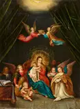 Antwerp School, 17th century, The Virgin and Child with Angels Making Music, Oil on panel with an Antwerp panel mark