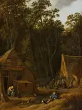 Adriaen van Ostade Jacob van Mosscher, Farmhouses with Figures in a Clearing, Oil on canvas (relined)
