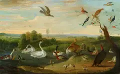 Water Fowl Threatened by a Buzzard by Jan van Kessel the Elder, Oil on canvas (relined), offered Nov 2021