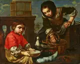Boy and a Girl Feeding Doves by Bernhard Keil, called Bernardo, Monsù, Oil on canvas (relined), offered Nov 2021