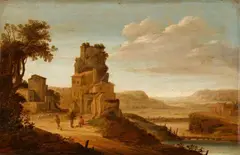 Dirck Verhaert, Southern River Landscape with Shepherds and Travellers, Oil on panel