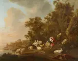 Landscape with a Shepherd Couple by circle of Dirck van der Lisse, Oil on canvas (relined), offered Nov 2021
