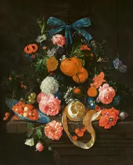 Cornelis de Heem, Still Life with Oranges, Roses, and Flowers on a Stone Ledge with Berries in a Wan Li Bowl, a Peeled Lemon, Cherries and Goosberries, Oil on canvas (relined)