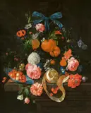 Cornelis de Heem, Still Life with Oranges, Roses, and Flowers on a Stone Ledge with Berries in a Wan Li Bowl, a Peeled Lemon, Cherries and Goosberries, Oil on canvas (relined)