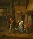 Cornelis Dusart, Interior Scene with a Peasant Family and Dog, Oil on canvas (relined)