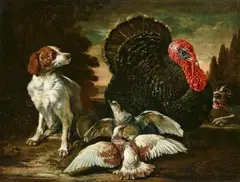 David de Coninck, A Turkey, Two Dogs and Two Pigeons in Front of a Landscape
A Peacock, Two Chickens and Two Rabbits in Front of a Landscape, Oil on canvas (relined)
