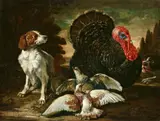 David de Coninck, A Turkey, Two Dogs and Two Pigeons in Front of a Landscape
A Peacock, Two Chickens and Two Rabbits in Front of a Landscape, Oil on canvas (relined)