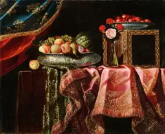 Flowers and Fruit in Silver Dishes on Silken Draperies
Musical Instruments and Letters by a Chair by Antonio Gianlisi II, Oil on canvas, sold Nov 2021