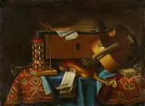 An hourglass, a lute, a violin and other musical instruments on a draped table
A virginal, lutes and other musical instruments on  a draped table by follower of Evaristo Baschenis, Oil on canvas (relined). Each, offered Nov 2021