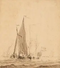 Jan Verbruggen the Elder, Two Small Drawings of Ships, Pen and brush in grey