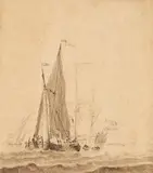 Jan Verbruggen the Elder, Two Small Drawings of Ships, Pen and brush in grey