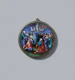 attributed to Jean Ii. Pénicaud, The Assumption of the Virgin, enamel on copper, attributed to Jean II. Pénicaud. According to a label on the back of the frame, this round medallion depicting the Assumption of the Virgin was once housed in the collections of J. Pierpont Morgan and Charles Mannheim. See also the following lot. Losses to the upper right edge. Housed in a simple lead frame