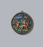 attributed to Jean Ii. Pénicaud, Saint John on Patmos, attributed to Jean II. Pénicaud, enamel on copper. According to a label on the back of the frame, this round medallion depicting John the Evangelist on the Island of Patmos was once housed in the collections of J. Pierpont Morgan and Charles Mannheim. See also the previous lot. Losses to the upper right edge. Housed in a simple lead frame
