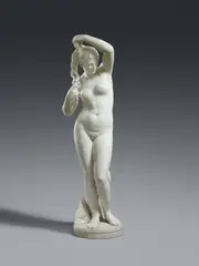 Eduard Mayer, Aphrodite with a Dolphin by Eduard Mayer., Carrara marble, carved in the round and partially freestanding.. A finely carved figure of the goddess standing in a pronounced contrapposto stance with a dolphin as her attribute, designed to be viewed in the round. Signed on the back of the plinth “EDUARD MAYER F. ROMA”. Eduard Mayer was born in Hunsrück and thought to have begun his training with Christian Daniel Rauch in Berlin in around 1835. He worked in Paris under Pierre-Jean David d ´Angers from 1840 to 1842, where he came into contact with the new French style of Realism. He made several sojourns to Rome between 1842 and 1842 and his works from this time illustrate his interest in the oeuvre of Bertel Thorvaldsen, who passed away in 1844. However, they not only display references to the works of Thorvaldsen, but also illustrate the way in which Eduard Mayer began to distance himself from Classical models, in contrast to his earlier works, in order to create more naturalistic designs, as evident in this figure of Aphrodite. In pristine condition with only very minor wear to the plinth