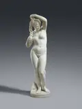 Eduard Mayer, Aphrodite with a Dolphin by Eduard Mayer., Carrara marble, carved in the round and partially freestanding.. A finely carved figure of the goddess standing in a pronounced contrapposto stance with a dolphin as her attribute, designed to be viewed in the round. Signed on the back of the plinth “EDUARD MAYER F. ROMA”. Eduard Mayer was born in Hunsrück and thought to have begun his training with Christian Daniel Rauch in Berlin in around 1835. He worked in Paris under Pierre-Jean David d ´Angers from 1840 to 1842, where he came into contact with the new French style of Realism. He made several sojourns to Rome between 1842 and 1842 and his works from this time illustrate his interest in the oeuvre of Bertel Thorvaldsen, who passed away in 1844. However, they not only display references to the works of Thorvaldsen, but also illustrate the way in which Eduard Mayer began to distance himself from Classical models, in contrast to his earlier works, in order to create more naturalistic designs, as evident in this figure of Aphrodite. In pristine condition with only very minor wear to the plinth