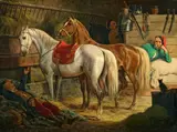Horses and Soldiers in a Stable by Janvier (January) Suchodolski (1797–1875, Oil on canvas, offered Nov 2021