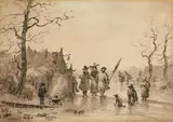 Netherlandish School, 19th century, Winter Landscape with Skaters, Black and grey ink on paper