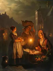 Petrus van Schendel, Vegetable and Fish Night Market in The Hague, Oil on panel