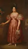 Portrait of a Lady, Full Length, in a Pink Dress Holding a Fan by attributed to Eugenio Lucas Velázquez (Lucas y Padilla), Oil on canvas, offered Nov 2021