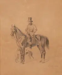 Ludwig Voltz, A Man on Horseback with Two Dogs, Pencil on paper