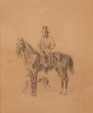 Ludwig Voltz, A Man on Horseback with Two Dogs, Pencil on paper