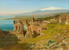 Otto Geleng, View of the Greek Theatre in Taormina with Mount Etna, Oil on canvas