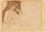 Armand Rassenfosse, Female Nude with a Book, Black and brown chalk and gold pigment on paper