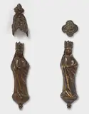 Flemish 2nd half 15th century, Two Flemish bronze figures of the Virgin, second half 15th century, Cast bronze with old patina. Two identical small statuettes cast from the same mould, both apparently lacking the separately cast figure of the Christ Child. The pieces are accompanied by a presumably original cast canopy and a later quatrefoil plaque depicting a lion as the symbol of Mark the Evangelist. Some wear throughout. Mounted separately on two velvet covered wooden panels. Height of each