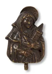Flemish 15th century, A 15th century Flemish bronze bust of Saint Clare, Cast bronze with old patina and engraved decoration. This small bust of a woman in a simple gown and veil depicts Saint Clare, who can be identified by her attribute, a ciborium, which she holds in her hands. Two minor losses to the front. Abrasions throughout. With a screw-mounting on the underside