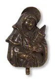 Flemish 15th century, A 15th century Flemish bronze bust of Saint Clare, Cast bronze with old patina and engraved decoration. This small bust of a woman in a simple gown and veil depicts Saint Clare, who can be identified by her attribute, a ciborium, which she holds in her hands. Two minor losses to the front. Abrasions throughout. With a screw-mounting on the underside