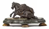 A bronze model of a lion attacking a horse by called Giambologna Giovanni di Bologna, Cast bronze with golden brown patina, gilding, white and green marble (possibly serpentine). Resting on a moulded scallo, offered Jul 2021