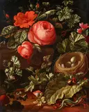 Elias van den Broeck, Forest Floor Still Life with Roses, a Bird's Nest, Lizards, Grasshoppers and Snails, Oil on canvas (relined)
