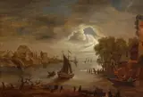 Netherlandish School 17th century, Moonlit River Landscape, Oil on panel. Carved and gilt frame from the 19th century