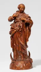 Jean Del Cour, A carved fruitwood figure of the Madonna Immaculata, by Jean del Cour, Fruitwood, carved in the round. A figure of the Virgin Mary shown with lowered gaze and hands raised in front of Her chest. She stands in contrapposto on a plinth designed to resemble a bank of clouds with the crescent moon and serpent at Her feet in accordance with the Madonna Immaculata type. Within the oeuvre of the Liège based sculptor Jean del Cour, this figure can be most closely compared to his depictions of the Madonna Immaculata in the church of Notre Dame in Hasselt (marble) and in the diocesan museum in Liège (terracotta, dated 1680). In good overall condition. Some vertical hairline cracks, the back of the plinth reattached