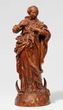 Jean Del Cour, A carved fruitwood figure of the Madonna Immaculata, by Jean del Cour, Fruitwood, carved in the round. A figure of the Virgin Mary shown with lowered gaze and hands raised in front of Her chest. She stands in contrapposto on a plinth designed to resemble a bank of clouds with the crescent moon and serpent at Her feet in accordance with the Madonna Immaculata type. Within the oeuvre of the Liège based sculptor Jean del Cour, this figure can be most closely compared to his depictions of the Madonna Immaculata in the church of Notre Dame in Hasselt (marble) and in the diocesan museum in Liège (terracotta, dated 1680). In good overall condition. Some vertical hairline cracks, the back of the plinth reattached