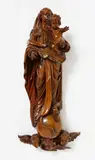 Flemish late 17th century, A Flemish carved wood figure of the Virgin and Child, late 17th century, Wood, carved three-quarters in the round, the reverse flattened. This sculpture, designed for a frontal and slightly lowered viewpoint, depicts the Virgin Mary holding the nude, blessing Christ Child with Her left hand over Her hip. She stands on a globe with Her foot holding down the serpent from the Garden of Eden in the type of the Madonna Immaculata. The piece was designed to appear as if floating, with the globe supported by three angel's heads, and would have been hung against a wall. Two of the Child's fingertips lost, otherwise in pristine condition