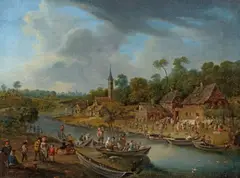 Mathys Schoevaerdts, River Landscape with a Village, Anglers, and Washerwomen, oil on panel