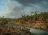 Mathys Schoevaerdts, River Landscape with a Village, Anglers, and Washerwomen, oil on panel