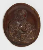 Probably Flemish 18th century, An 18th century Flemish bronze relief of the Madonna Lactans, Cast bronze with old patina and chased decoration. An oval bronze relief plaque with a smooth rim and indented centre depicting the Virgin in half-length, feeding the Christ Child with Her milk, whereby the quiet intimacy of the scene is enlivened by the high relief rendering of the figures. Minor abrasions throughout