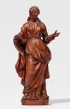Walter Pompe, A boxwood figure of one of the wise virgins, attributed to Walther Pompe, Boxwood, carved in the round. This standing female figure presumably originally held an oil lamp as an attribute in her right hand, marking her out as a figure from a group representing the “Wise and Foolish Virgins”. The piece is signed and dated “Anv. (.) Pompe f. 1769.” on the reverse. This finely sculpted work may have been produced by Walther Pompe, who was one of the most influential sculptors in Flanders and was active as of around 1730. However, if the first initial in the signature is meant to be read as a “J”, then the work's author may have been Walther Pompe's equally talented son and pupil Jan Engelbert Pompe (1743-1810). Some very minor wear