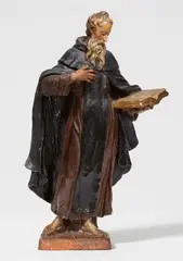 Walter Pompe, A terracotta figure of Saint Anthony by Walther Pompe, Terracotta, modelled in the round and with presumably original polychromy. This depiction of a standing bearded monk holding an open book in his left hand is labelled in a barely legible inscription on the front of the plinth “S. Antoines apt”, which identifies it as a depiction of Saint Anthony. The plinth is dated “1748” and bears the conjoined monogram “WP”. It is a characteristic work by the influential Flemish sculptor Walter Pompe, who produced numerous fine works in ivory, boxwood, terracotta and marble in his workshop in Antwerp as of 1730. Wear with minor losses to the polychromy